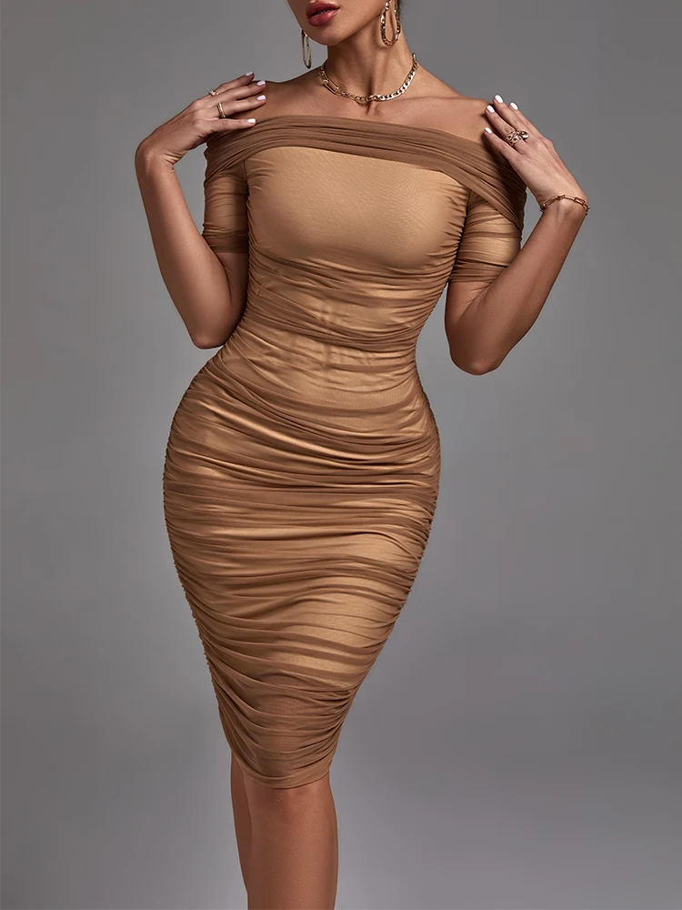 

Elegant Midi Evening Party Dress Women Fashion Off Shoulder Mesh Patchwork Bodycon Dress Sexy Club Outfits Brown 2023 Summer