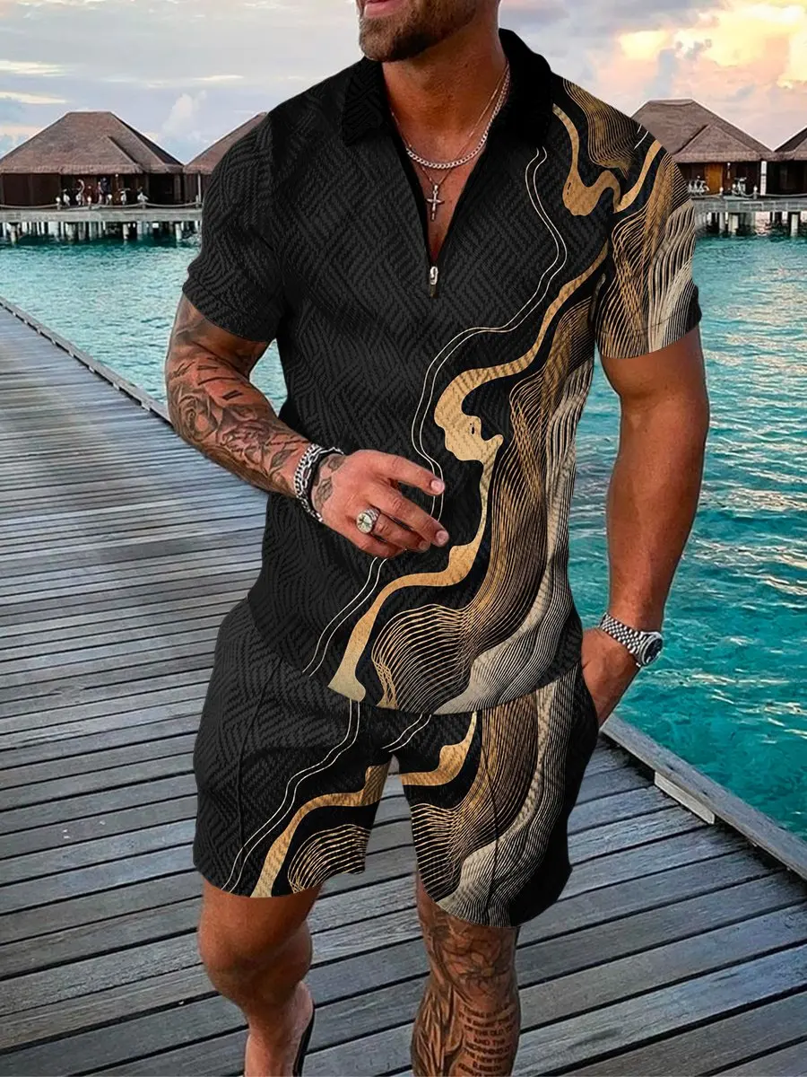 

European and American Luxury Men's Activewear Summer 3d Polo Shirt Shorts Set Fashion Print Zip Polo Shirt Lapel Streetwear