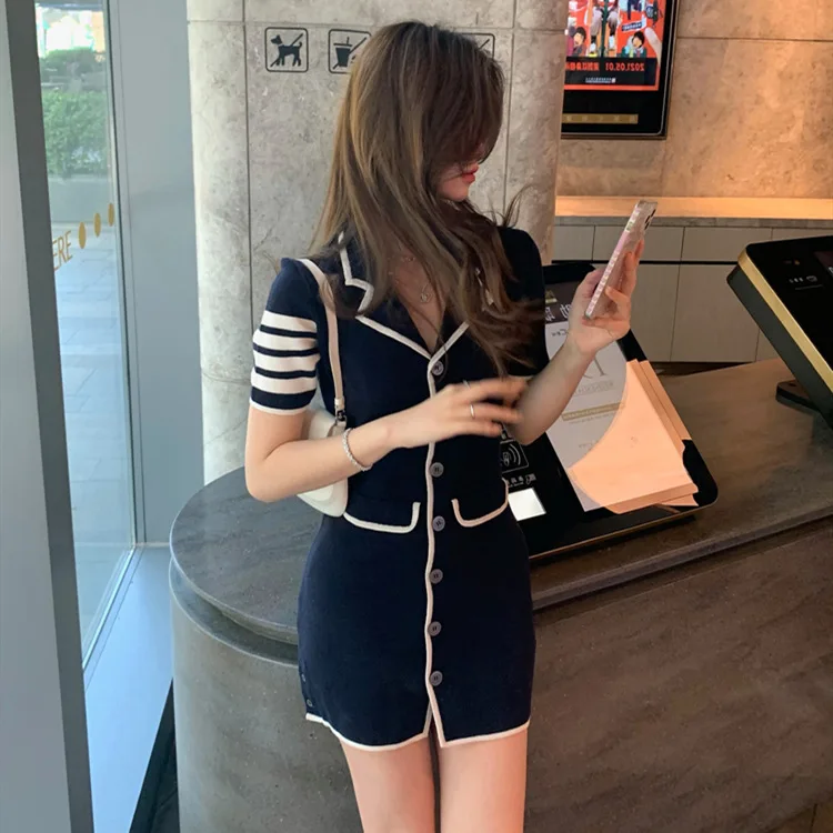 Spring and summer college style lapel short-sleeved wool knitted skirt TB four-bar striped suit collar slim dress female