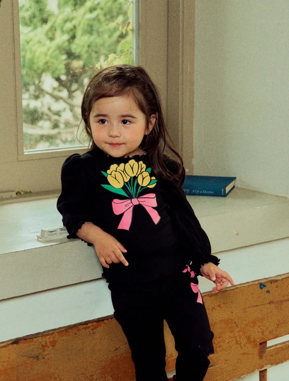 Korean Girls's Sweatshirts Pant Suit 2022 Spring Be Black Bow Cotton Bottoming Long Sleeve Shirt Set Children's Ouwear Clothings