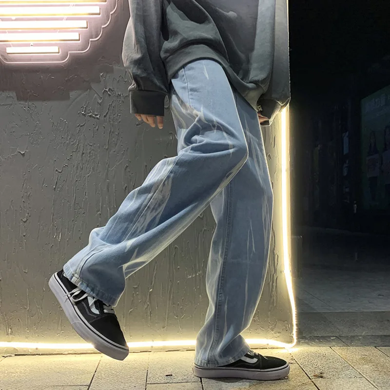 S-5XL Blue/Black Jeans Men's Fashion Retro Tie Dye Jeans Men Streetwear Loose Hip Hop Straight Denim Pants Mens Trousers