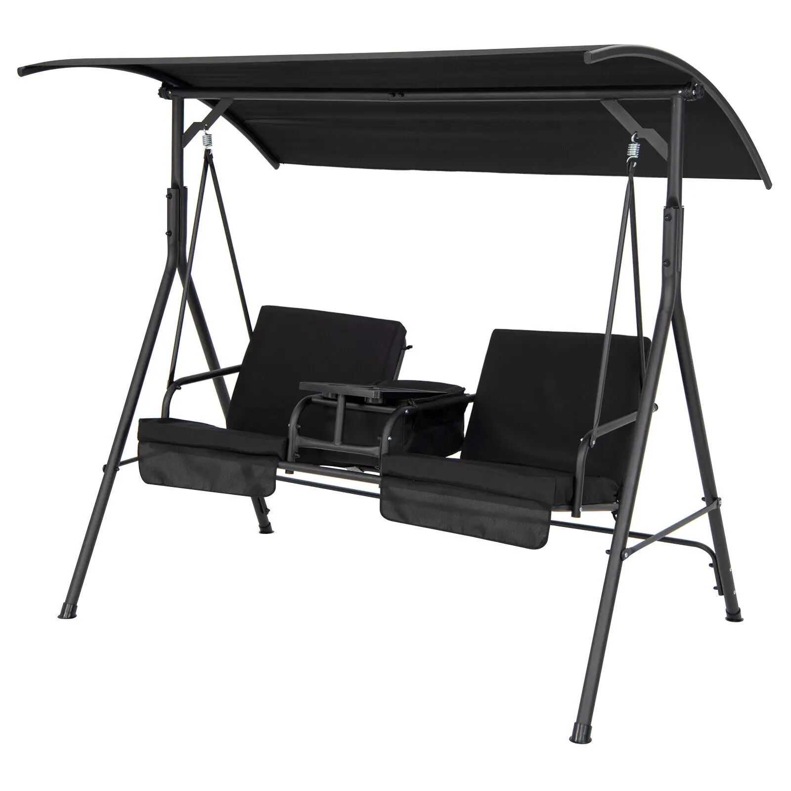 

Patiojoy 2-Person Canopy Porch Swing Padded Chair Cooler Bag Rotatable Tray Black