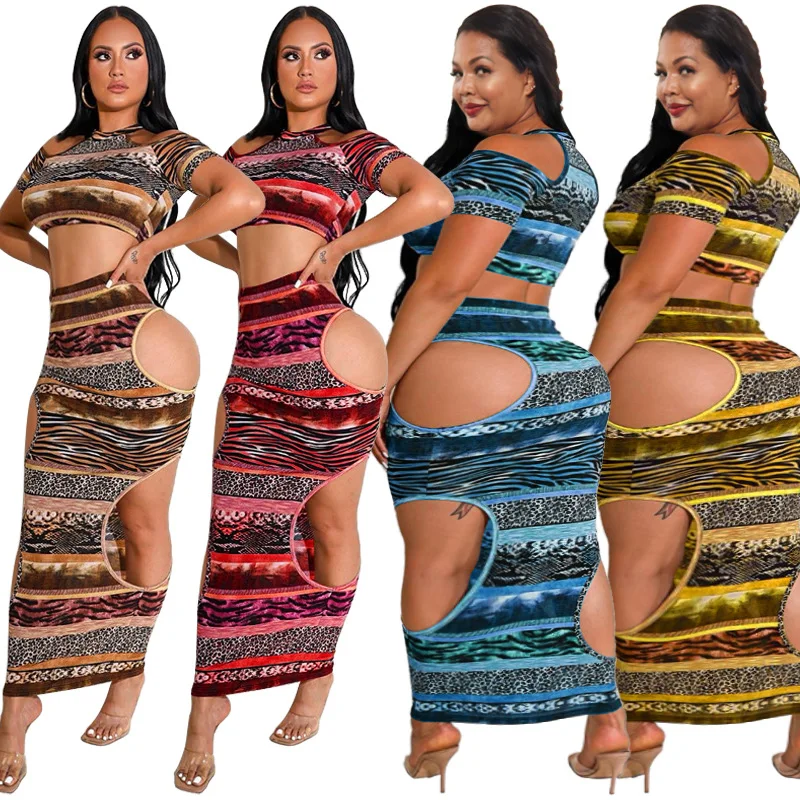 

Perl Sexy Hollow Out Set of Fashion Two Piece Outfit Plus Size Women's Clothing Patchwork Matching Set Summer Wear