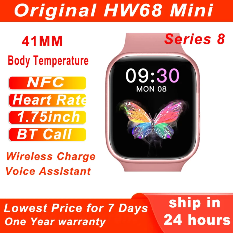 

Original 41mm HW68 Mini Smart Watch Women 1.75 inch Series 8 Body Temperature NFC Voice Altitude Dock Small Smartwatch Men