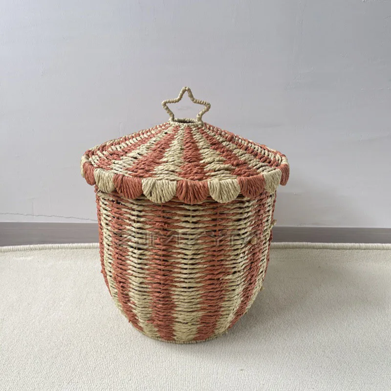 Винтажная тканая корзина для хранения, напольная корзина для игрушек, закусок, сортировочная коробка, многоцелевой бытовой органайзер, корзина для белья с крышкой (art.: 3920cf89dc70d) - 3920cf89dc70d
