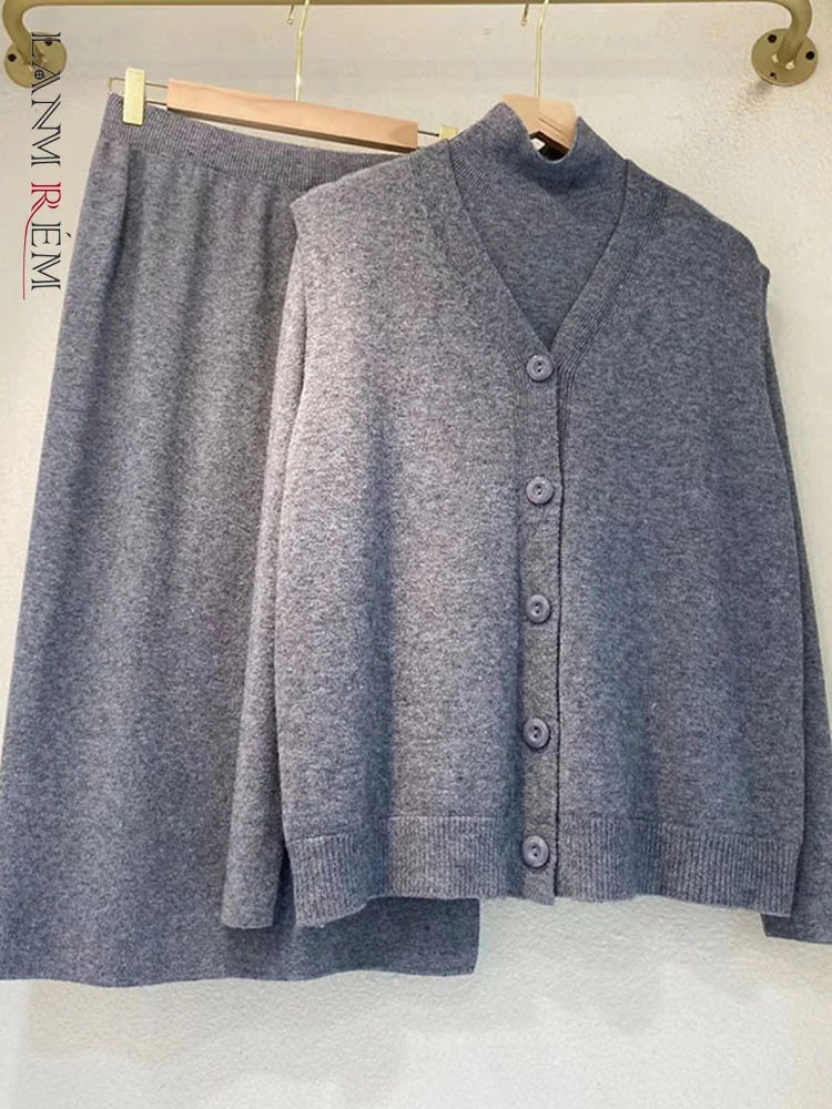 

LANMREM Fashion Knitted V-neck Long Sleeves Single Breasted Tops High Waist Skirts 2 Pieces Set Women's 2023 Autumn New 32D495