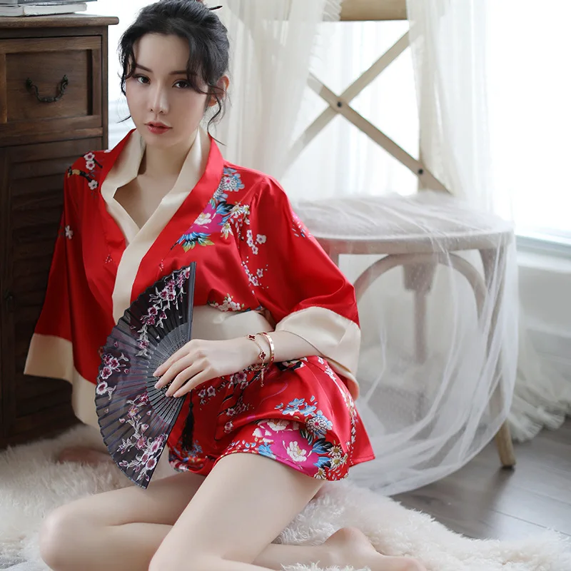 

Women Lady Sexy Kimono Dress Bow Tie Cute Flower Patterned Black Red