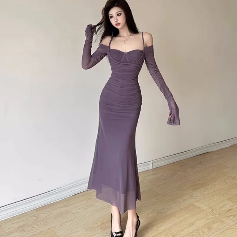 Осенние сексуальные сетчатые облегающие платья для женщин с открытыми плечами