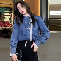 lace trimmed stitching denim shirt womens autumn and winter french niche design chic top layered shirt coat