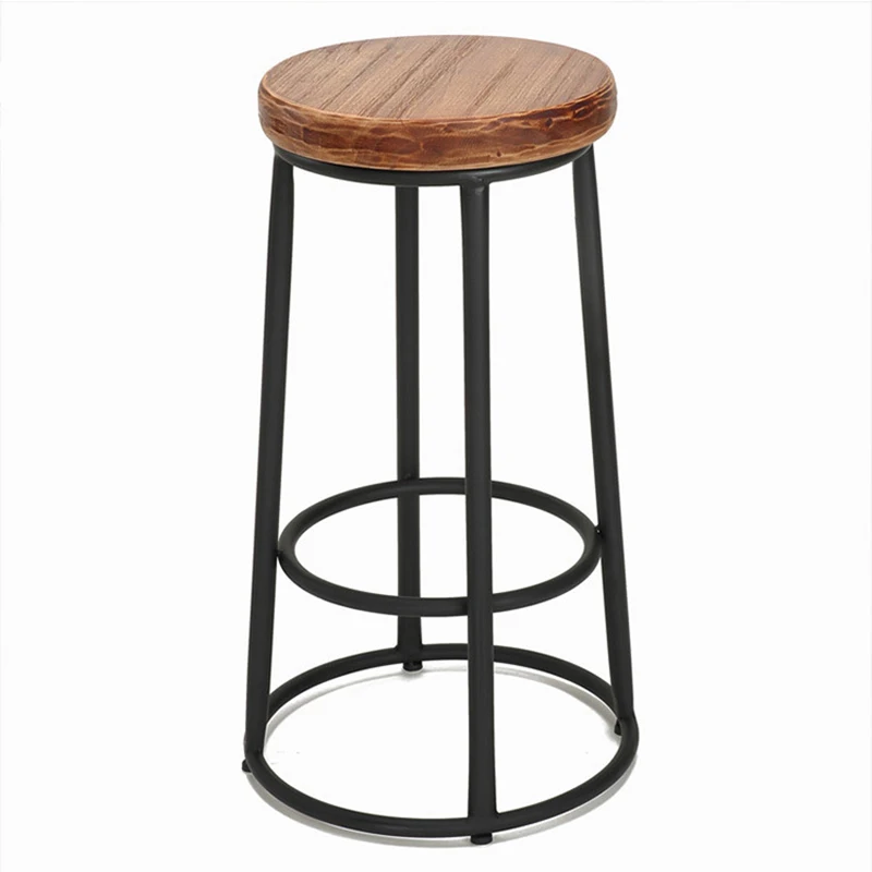 

American Wrought Iron Wood Chair Hotel Bar Front Desk Small Stool Chair Restaurant Retro Style High Bar Stool