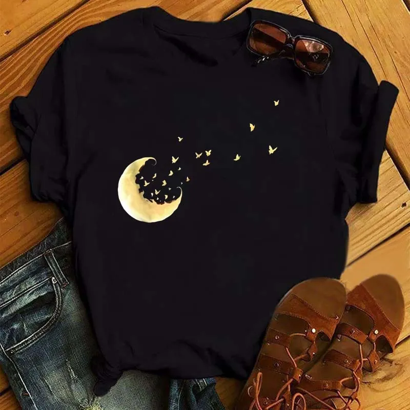 

Women Retro Harajuku Short-sleeved Black T Shirt New Women's Casual Oversized T-shirt Tops Tees New Moon Star Printing Tshirt