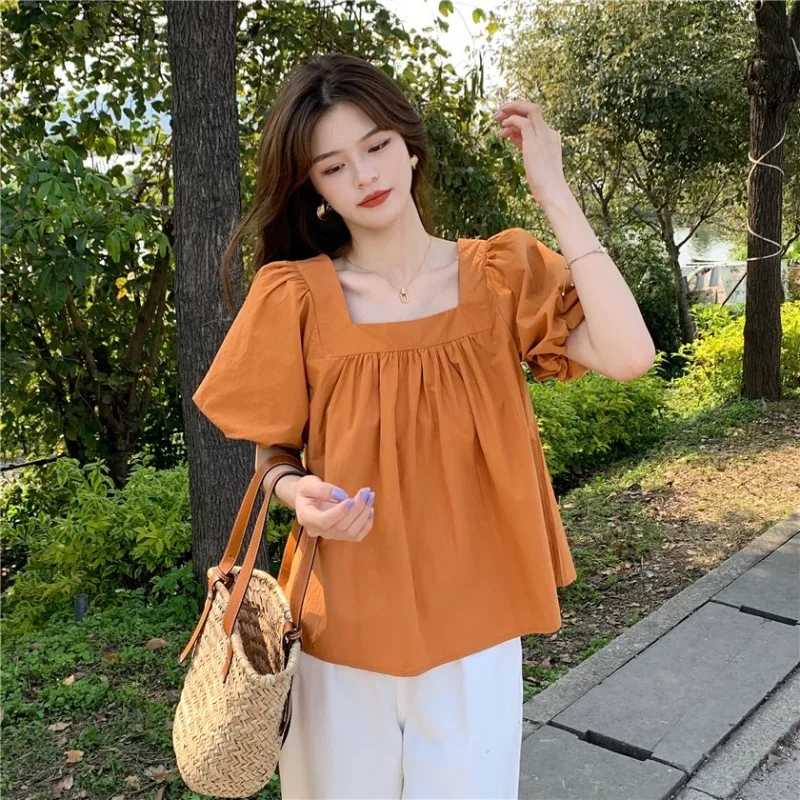 

2023 Blouses Women Square Collar Korean Style Puff Sleeve Trendy Ladies Summer Preppy Schoolgirl Lovely Tender All-match Loose