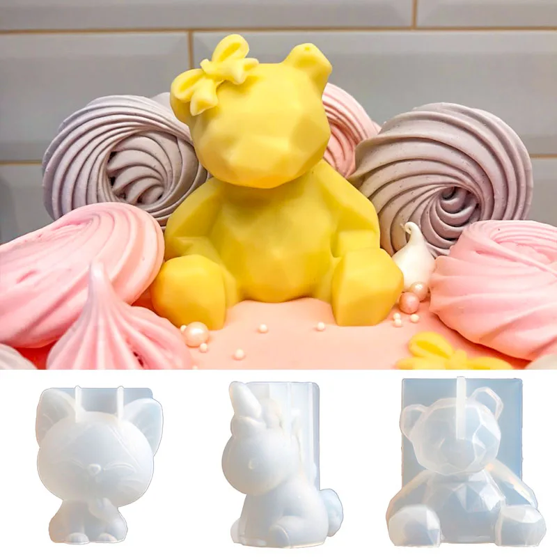 

3D Geometry Stereo Bear Deer Cat Bunny Animal Mold Ornament Mold Cake Decoration Tools Easter Rabbit Resin Mold Silicone
