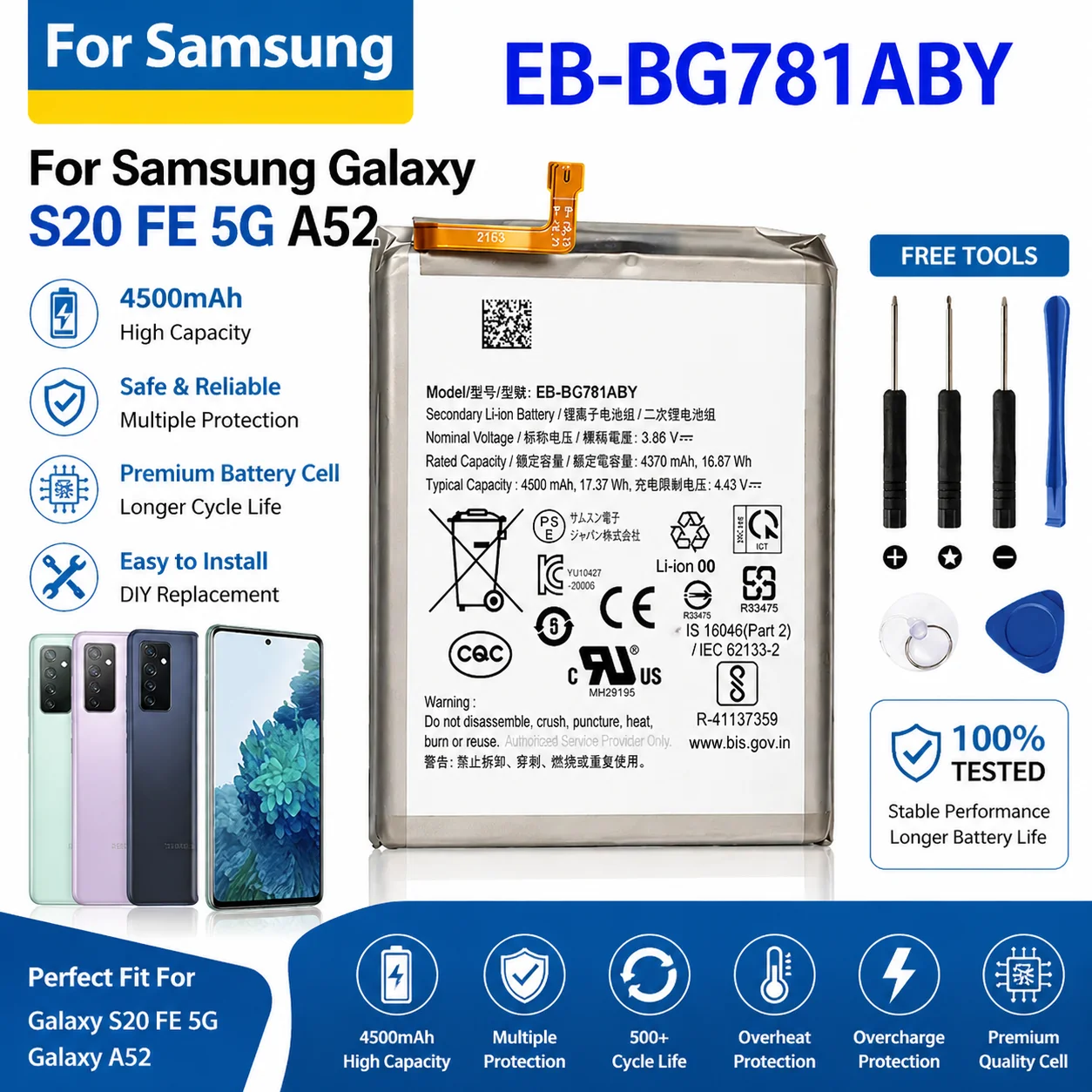 Фото Высокоемкостная сменная батарея EB-BG781ABY EB-BA525ABY для Samsung Galaxy S20 FE 5G A52 A52S G780F G781F SM-A526B A526U A528 №2