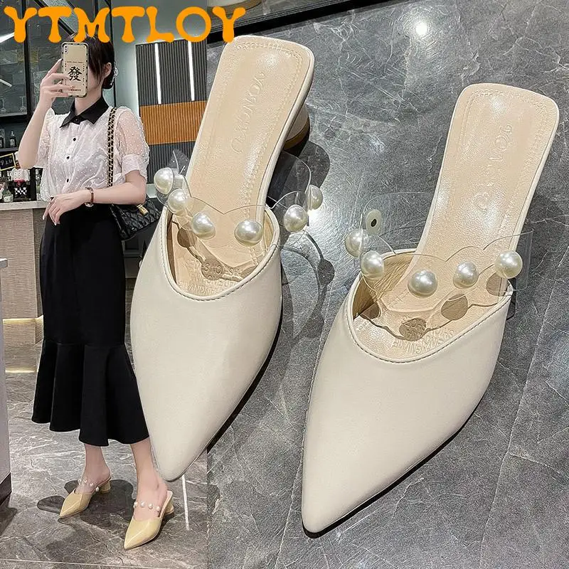 

Baotou Half Slippers Female Summer 2021 New Mid-heel Pointed Toe Fairy Style Pearl Fashion Thick Heel Mules