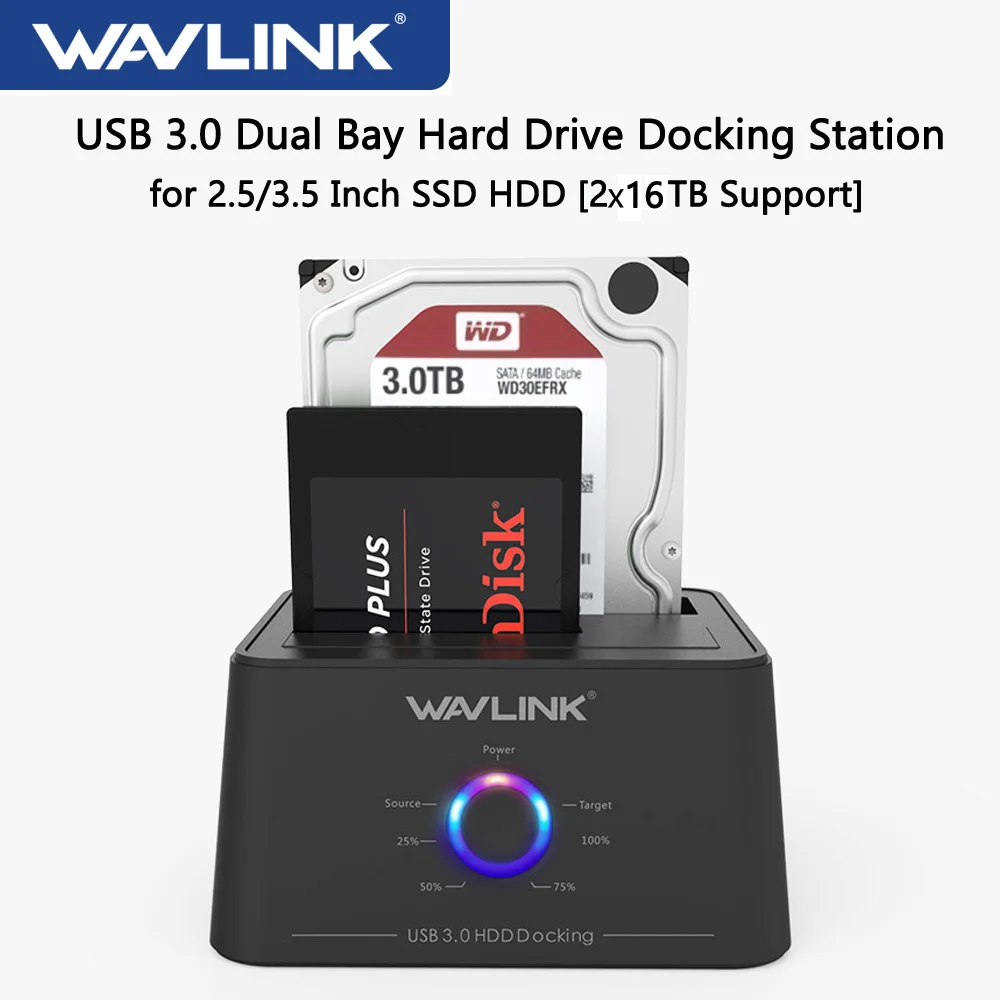 

Wavlink Dual Bay док-станция для жесткого диска USB3.0 на SATA I/II/III внешний корпус жесткого диска для 2,5/3,5 дюйма HDD/SSD UASP