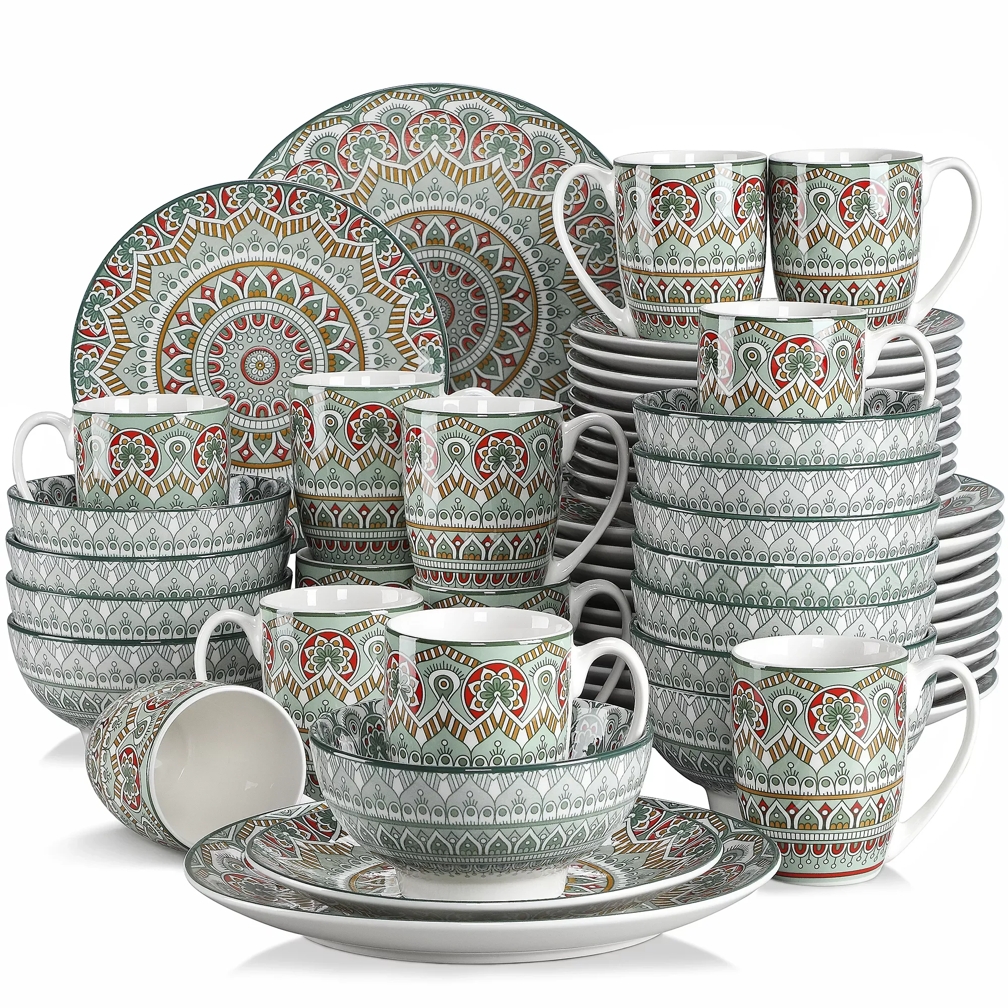 

16/32/48-Piece Bohemian Mandala Patterned Green Porcelain Tableware Dinner Set with Dinner Plate,Dessert Plate,Bowl,Mug