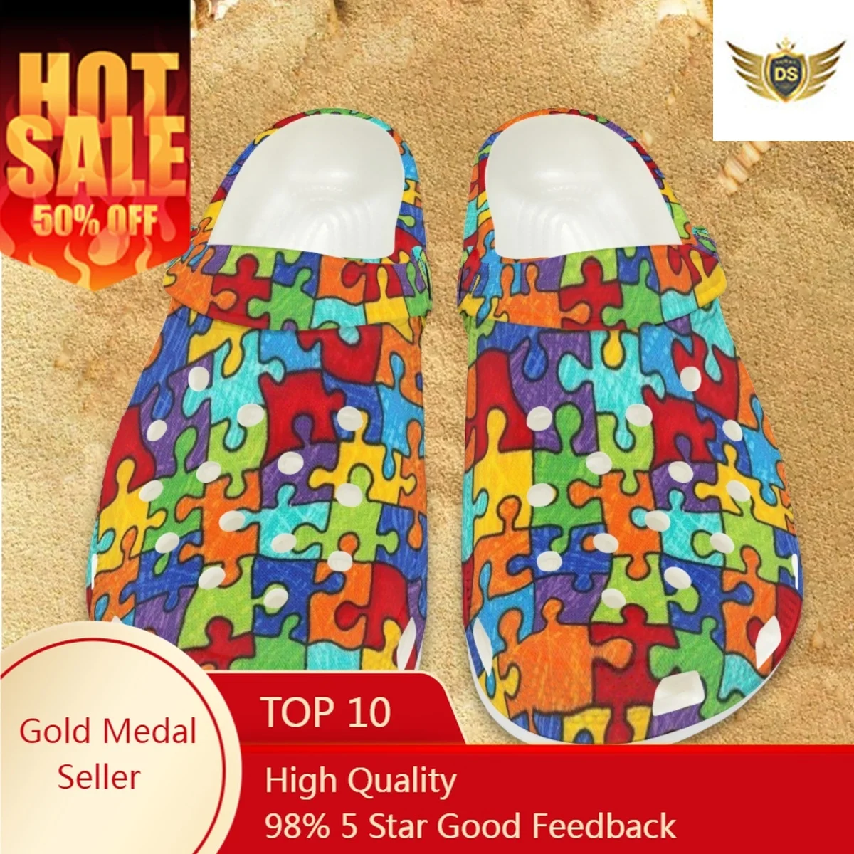 

Autism Awareness Print Hole Shoes Female Summer Outside Wear Non-slip Breathable Students Beach Sandals Cozy Light Slippers