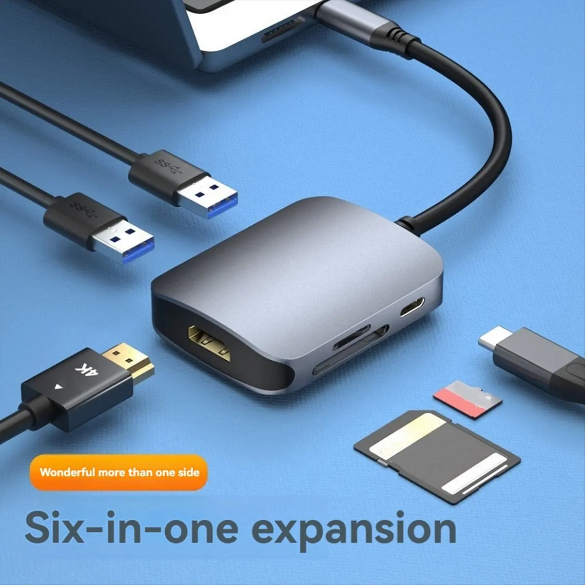 Фото Многофункциональный USB-C хаб 6-в-1: адаптер Type-C 3.0 с HDMI, SD/TF-картами, быстрой зарядкой PD и USB-док-станцией №4