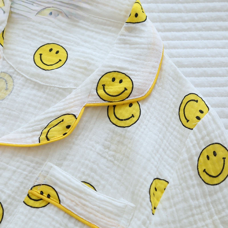 Summer Women's Nigtwear Cotton Gauze Short-sleeved Shorts Pajamas Suit Women's Crepe Happy Face Thin Lounge Home Pajamas Female