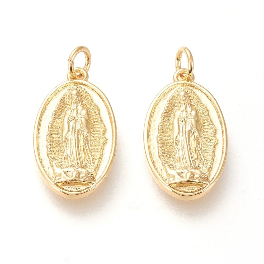 

1pc Brass Lady of Guadalupe Pendants with Jump Rings Long-Lasting Plated Oval with Virgin Mary Real 20K Gold Plated