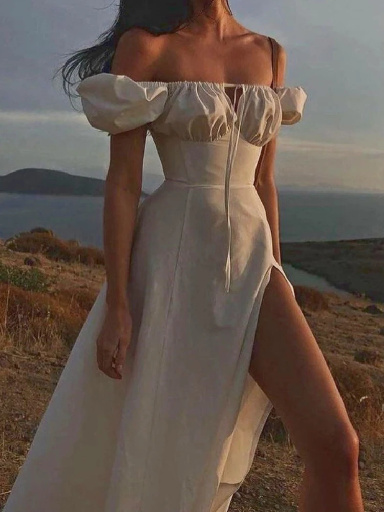 

Женское платье с открытыми плечами, однотонное длинное платье с высоким разрезом и кружевом, лето