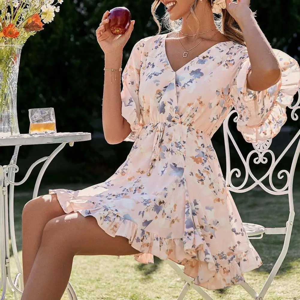 

V-neck Elastic Waist Loose Hem Mini Dress Women Floral Print Ruffle Short Sleeve Dress Female Clothes