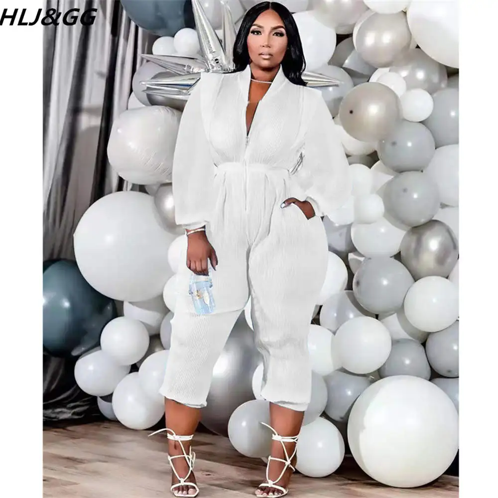 HLJ&GG Fashion Solid Zipper Long Sleeve Jumpsuits Women Fall Winter With Pocket Jogger Pants Playsuits Casual One Piece Overalls