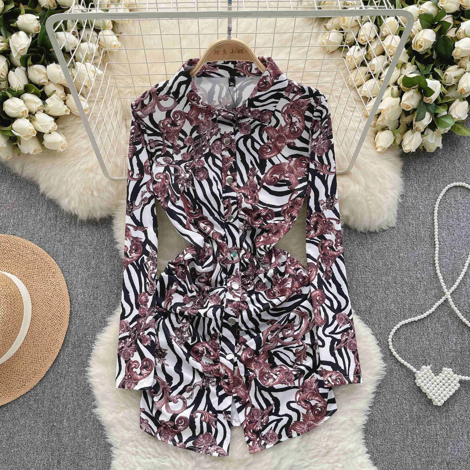 

Casual Women Spring Autumn Long Sleeve Dress Fashion Lapel Collar Striped Leopard Print Single Breasted Slim Bodycon Mini Dress