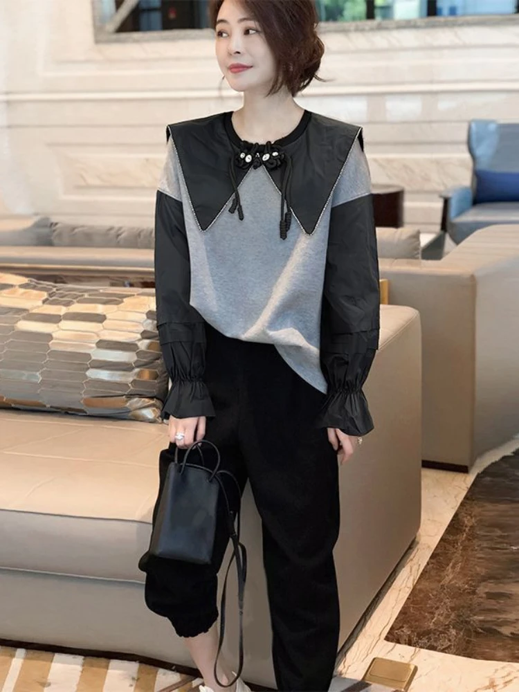 

Peter Pan Collar Blouses Women Patchwork Contrast Color Puff Sleeve Casual Loose Shirts Spring Autumn Chic Elegant French Tops