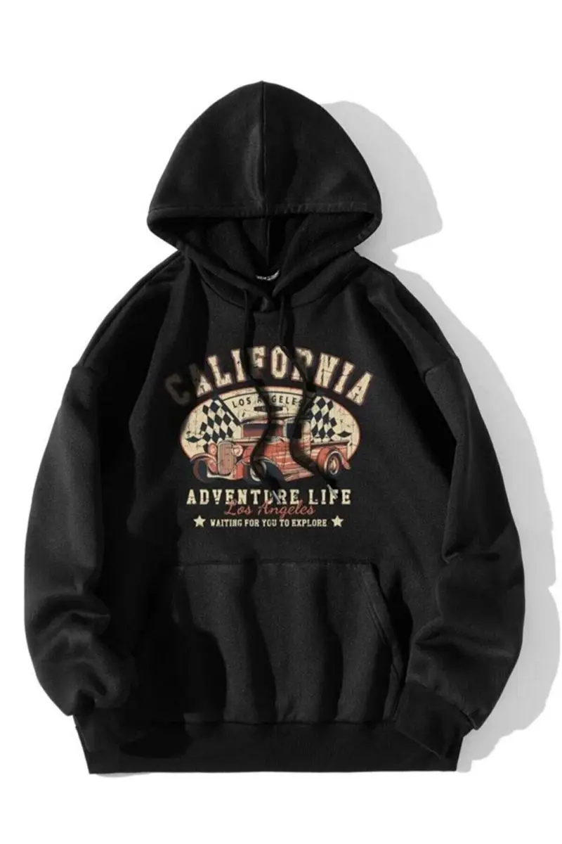 

Hooded kangaroo pocket California printed overssize sweatshirt-black color