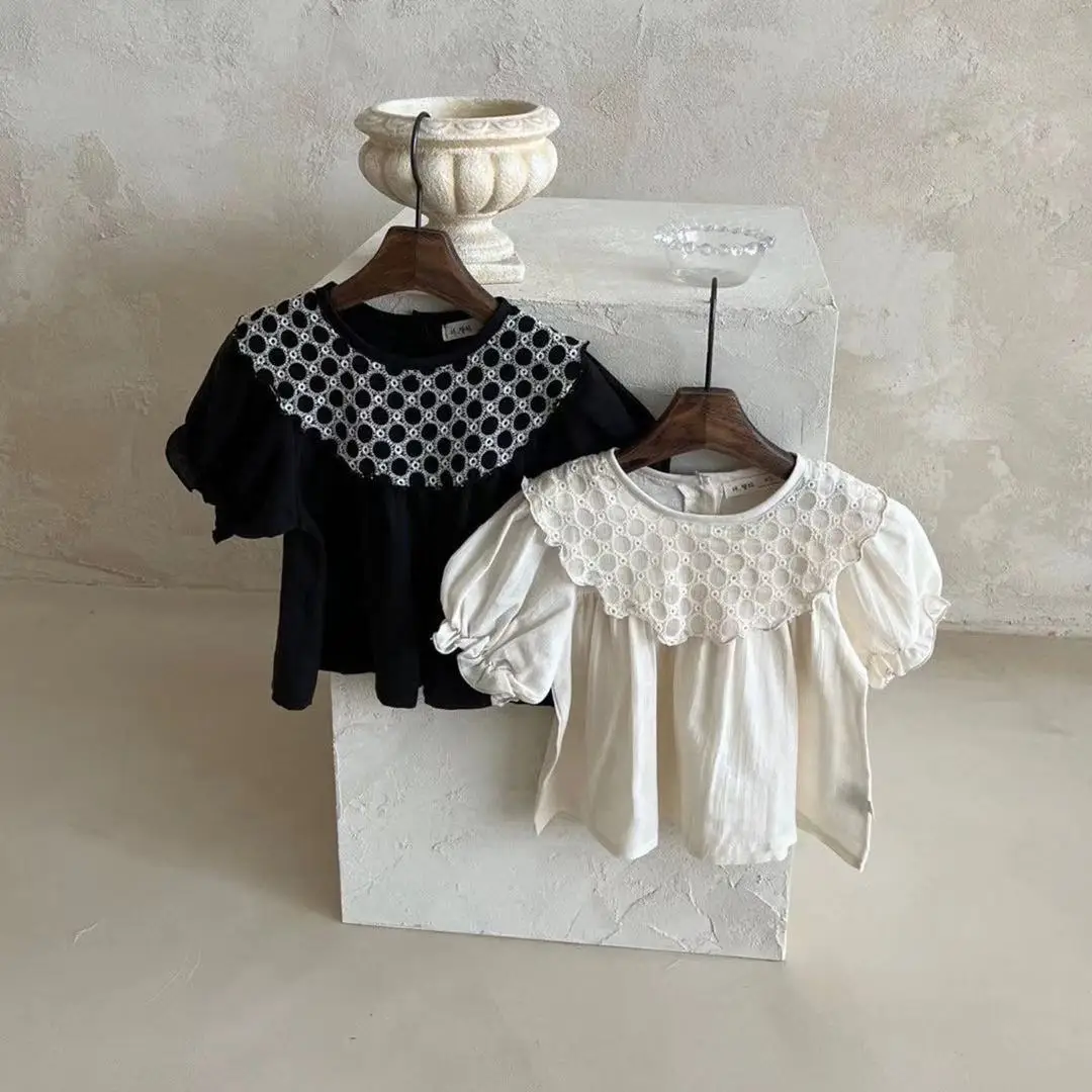 

2022 Newborn Baby Girl Casual T-shirt Solid Puff Sleeves Tees Girls Tshirt Cotton Simple Loose Short Sleevs Tops Kid Clothes