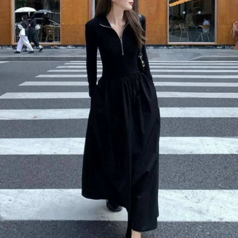 Осеннее элегантное черное платье в светском стиле для похудения с длинными