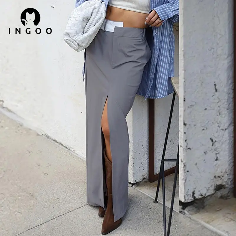 

Женская Асимметричная длинная юбка с разрезом INGOO, Офисная Повседневная прямая юбка с высокой талией серого цвета