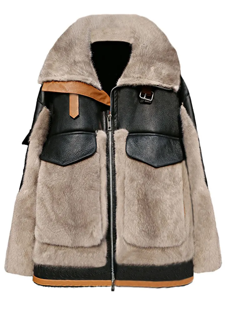 Mink Fur Stitching Fur Coat Women's Short Winter New Whole Mink Fur Motorcycle Wool Overcoat
