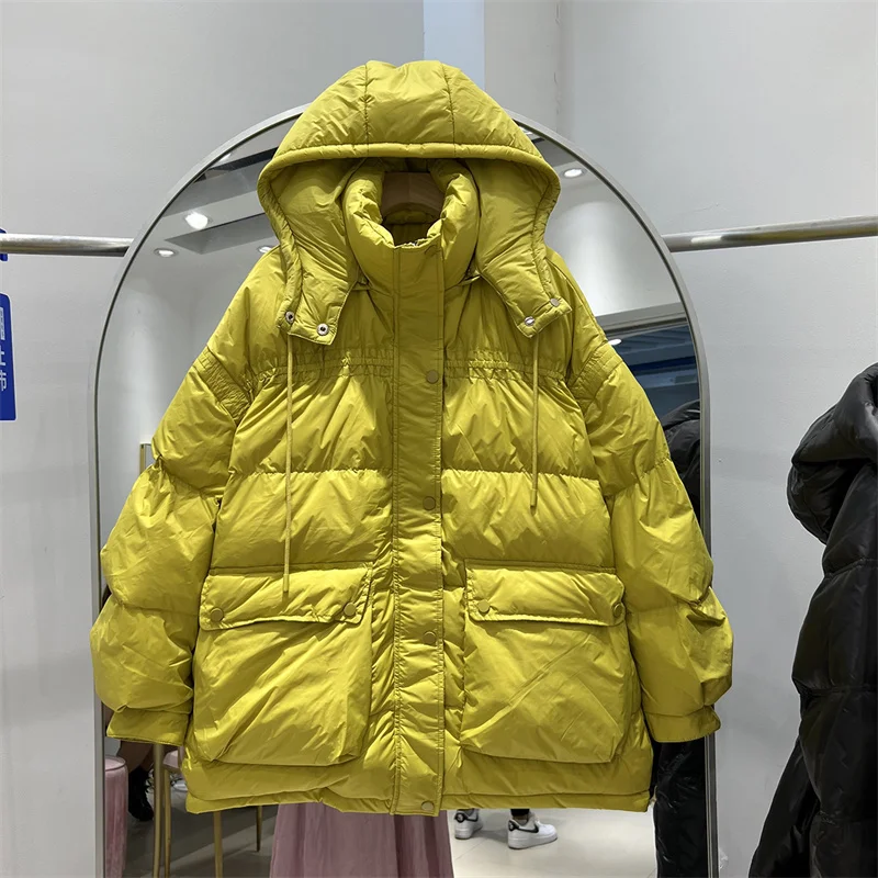 

Women Hooded Lightweight Down Coat Autumn Winter Casual Loose Big Pocket Pleated Long Sleeve Solid Color Female Puffer Jacket