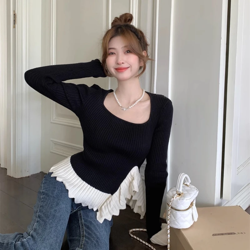 Пуловеры с квадратным воротником женские дизайнерские оборки шикарные