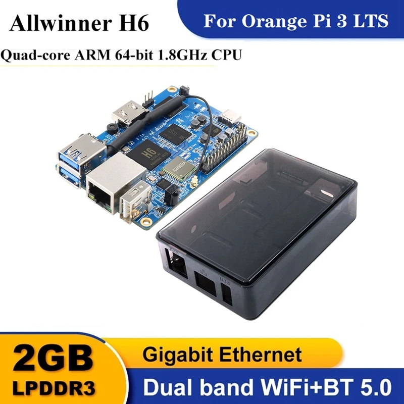 For Orange Pi 3 LTS+ABS Black Case Allwinner H6 Quad-Core 2GB+8GB EMMC Flash HD+WIFI+BT5.0 Open Source Development Board