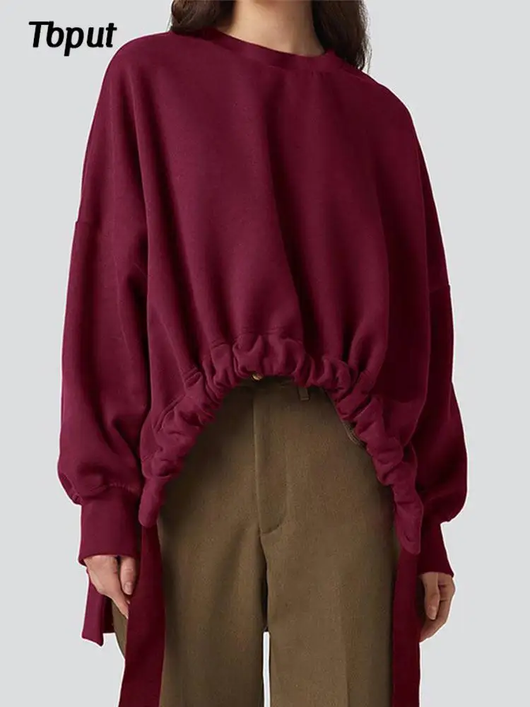 

Ladies Irregular Hem O-neck Coat Women Long Sleeve Casual Loose Sweatshirts Female Autumn Winter Solid Draw String Pullover Tops