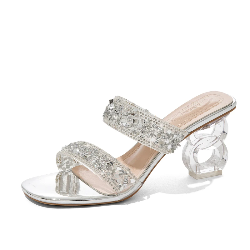 

Women's Transparent Crystal Chunky High Heel Slippers Summer Fashion Rhinestone Square Toe Casual Heeled Sandals for Women 2022