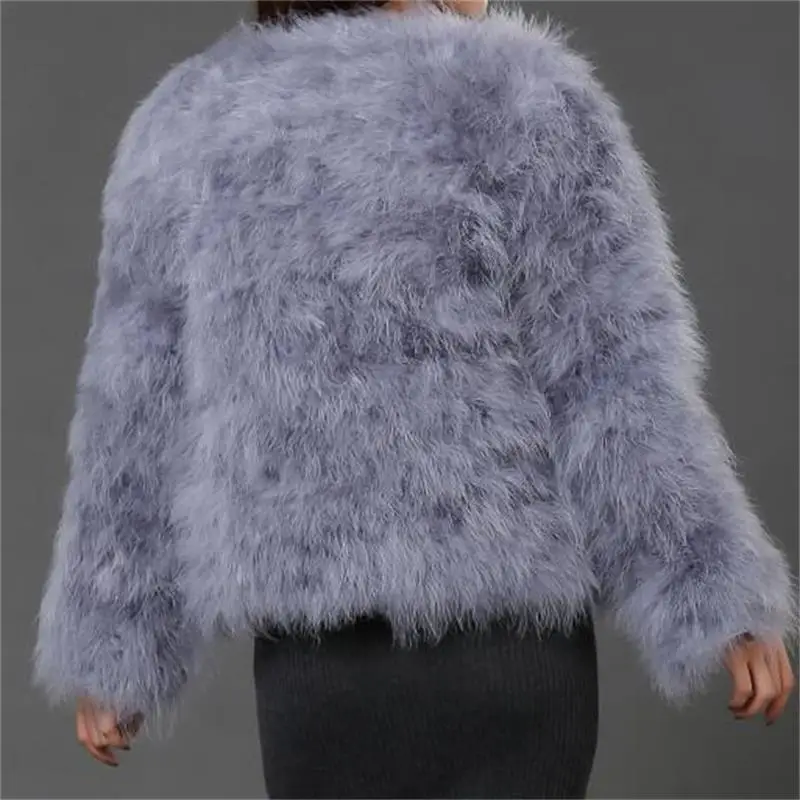 Sexy Ostrich Wool Turkey Real Fur Women Black Coat Genuine Feather Short  Size 5Xl,7Xl Winter Festival Long Sleeve Jacket