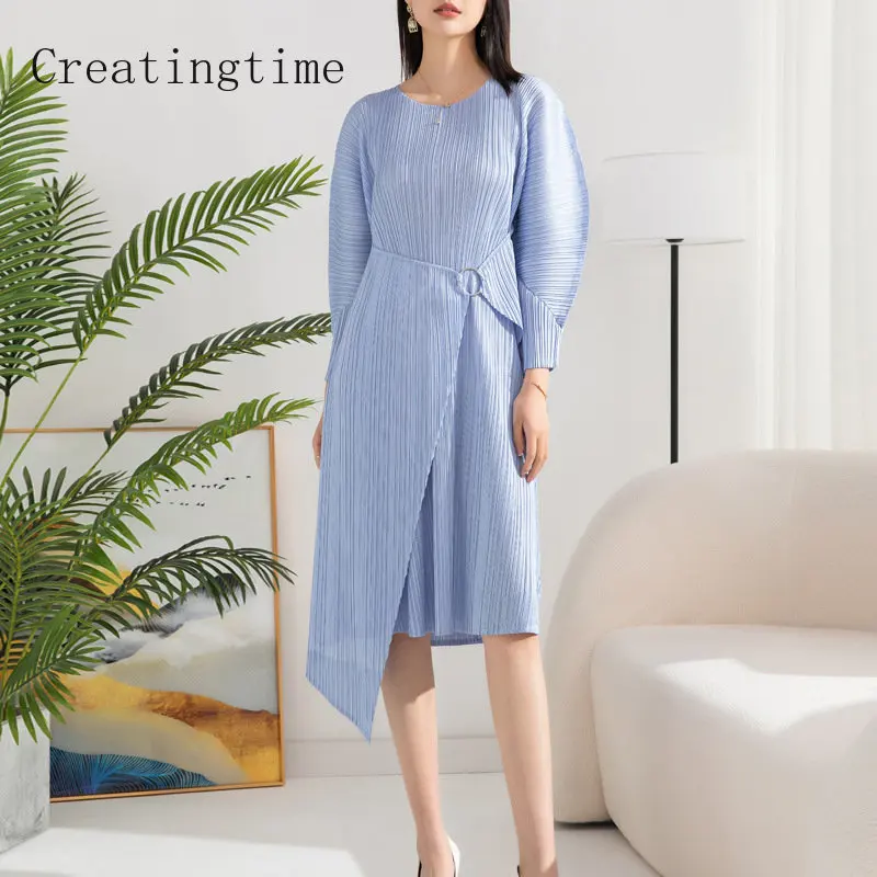 

Irregular Solid Pleated Midi Dress For Women 2023 Spring Summer Round Neck Long Sleeve High Waist Elegant Female Clothing 1B013