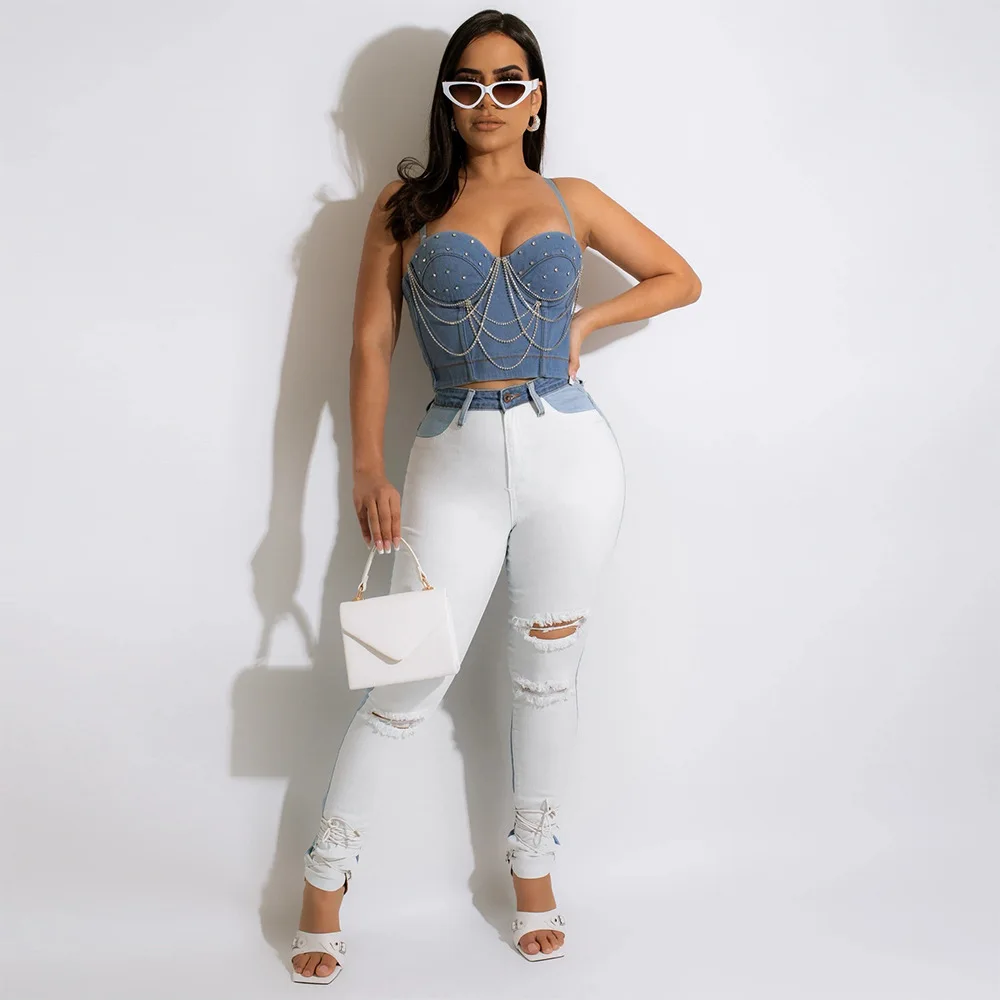 

Denim Camisole Fashion Sexy Women's Spaghetti Strap Diamonds Tassel Bra Night Club Party Top Vest