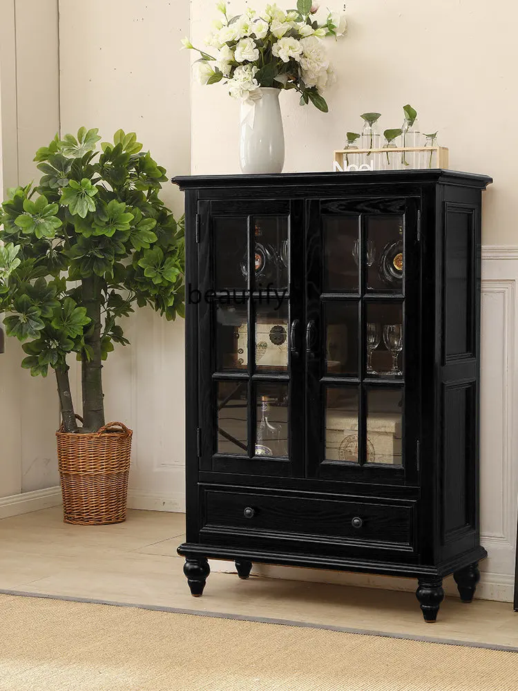 

yj American Wine Cabinet Solid Wood Display Cabinet Light Luxury Black Double Door Wine Cooler Sideboard Cabinet Glass Door