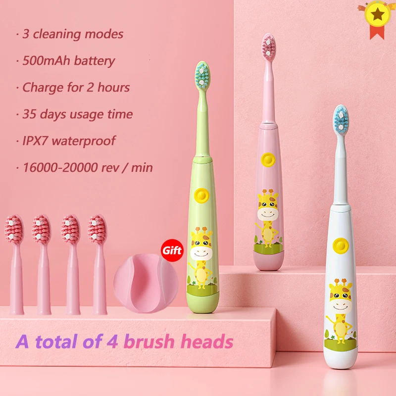 

Children Electric Sonic Toothbrush for 3-12 Ages Kids Toothbrush Smart Timer + Soft Bristle 4 Replacement Brush Heads