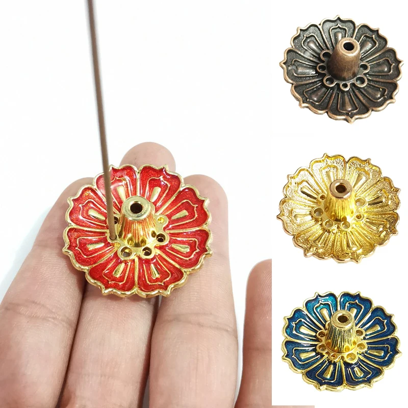 

Mini Meditation Buddha Sandalwood Holder Burner Round Alloy Dish Enamel Lotus Flower Catcher Plate Incense Holders Home Decor