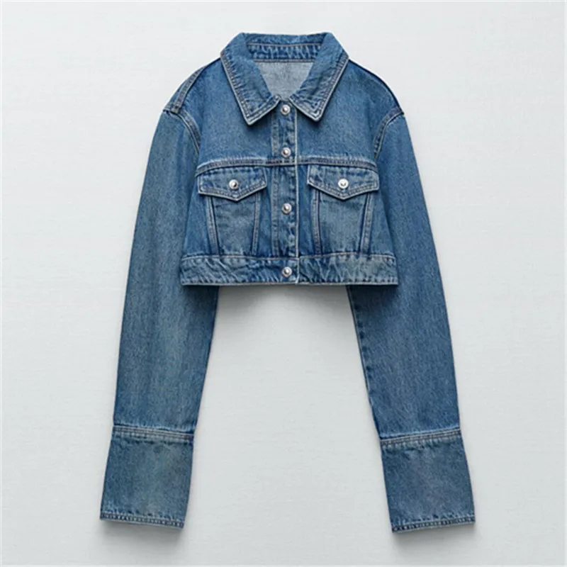 

Женская джинсовая куртка с длинными рукавами, короткая джинсовая куртка в европейском и американском стиле с отложным воротником и кармана...