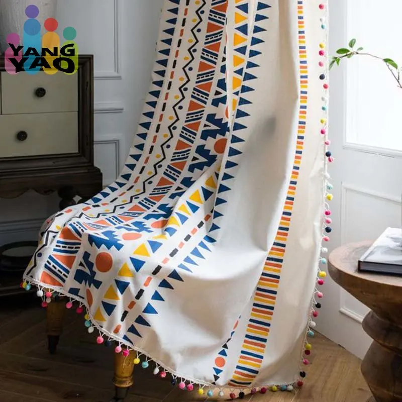 

Geometric Semi-Blackout Windows Curtains Bohemian Cotton Linen Curtain with Pom Pom Trims for Dining Living Rooms Bedroom TJ3665