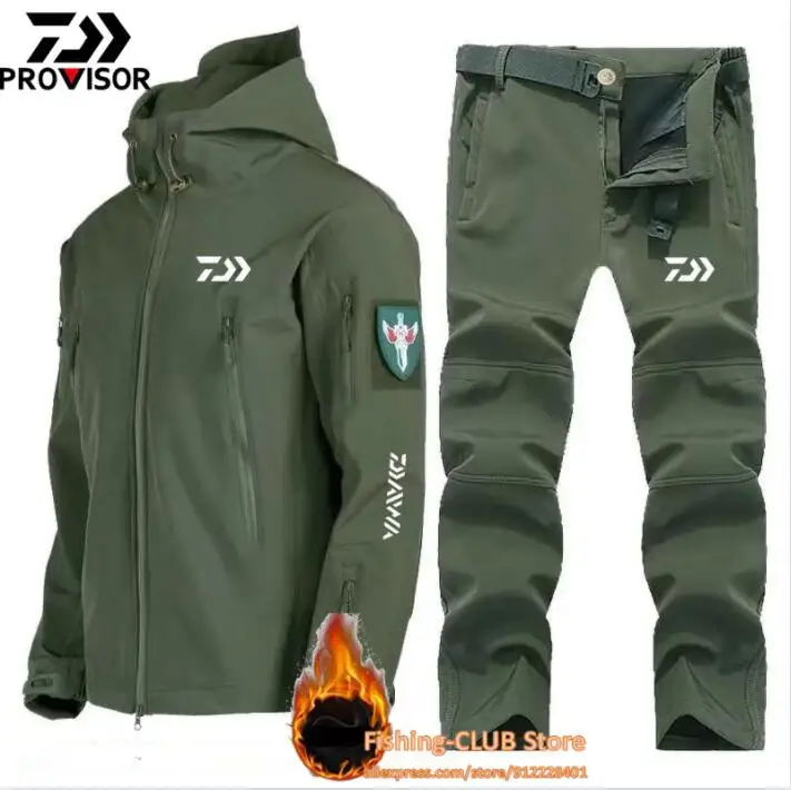 Daiwa Men's Military Uniform Tactical Jacket Sets Soft Shell Camouflage Hooded Coats Fleece Pants Outdoor Warm Fishing Clothes
