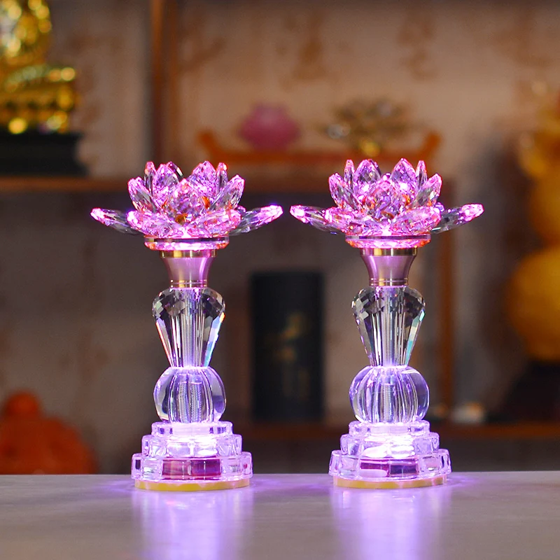 

Crystal Colorful Lotus Lamp Home Decor Crafts Plug-in Lamps Buddha Offering Lamp Corridor Lighting Traditional Buddha Supplies